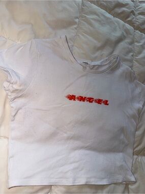 Garage White Tee with Red 'Angel' Flame Graphic
